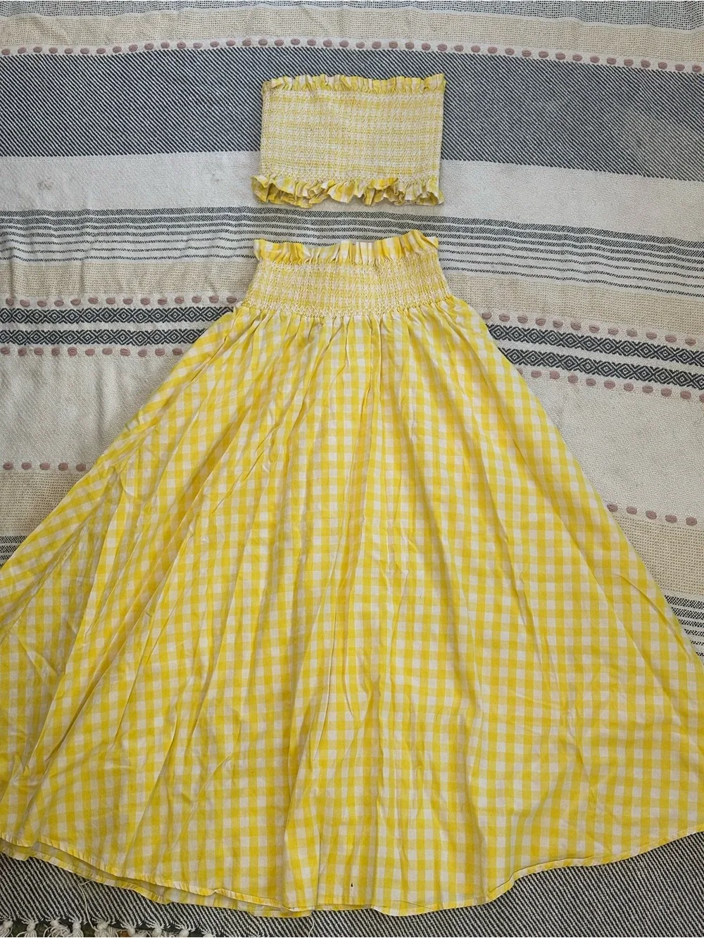 Goodnight Macaroon Yellow Gingham Two-Piece Smocked Dress Set EUC